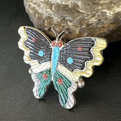 Multicolor Turquoise MOP Onyx Butterfly Sterling Silver Zuni Pin Pendant 18901