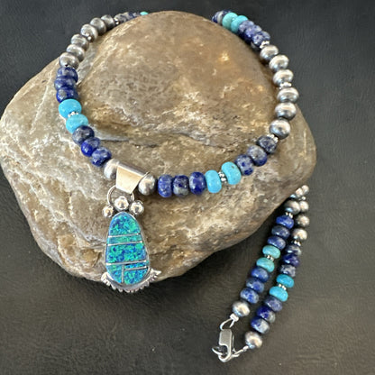 WoMens Opal Inlay Pendant Navajo Sterling Silver Blue Lapis Bead Necklace 18917