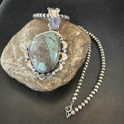 Navajo Green Rustic Turquoise Necklace Pendant 2.75" | Sterling Silver | Authentic Native American Handmade | 19013