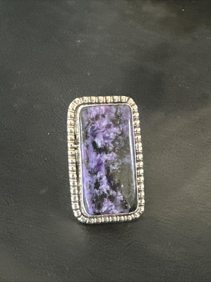 H Joe Purple Charoite Navajo Sterling Silver Rectangle Ring Size 7.5 18964