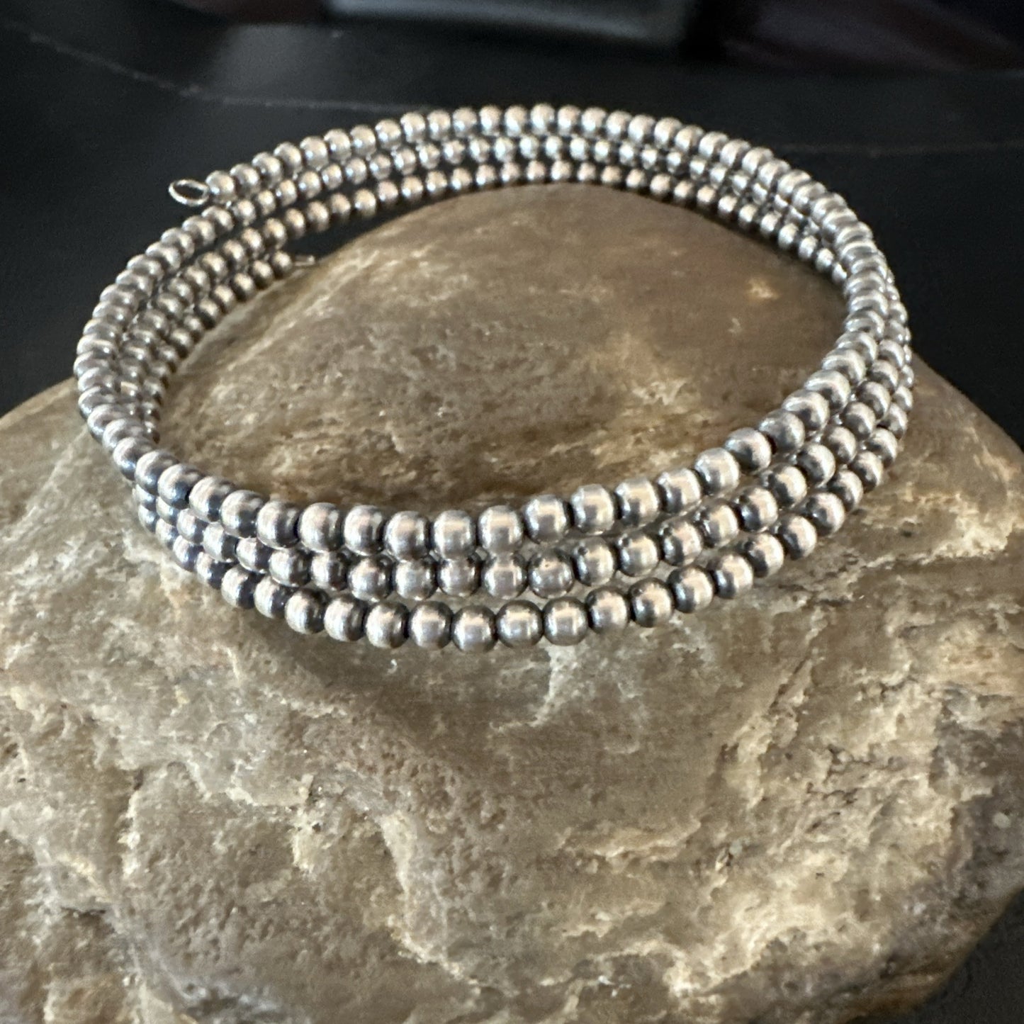 Sterling Silver Navajo Pearls 3mm Beads Stainless Steel Wire Wrap Bracelet 90313