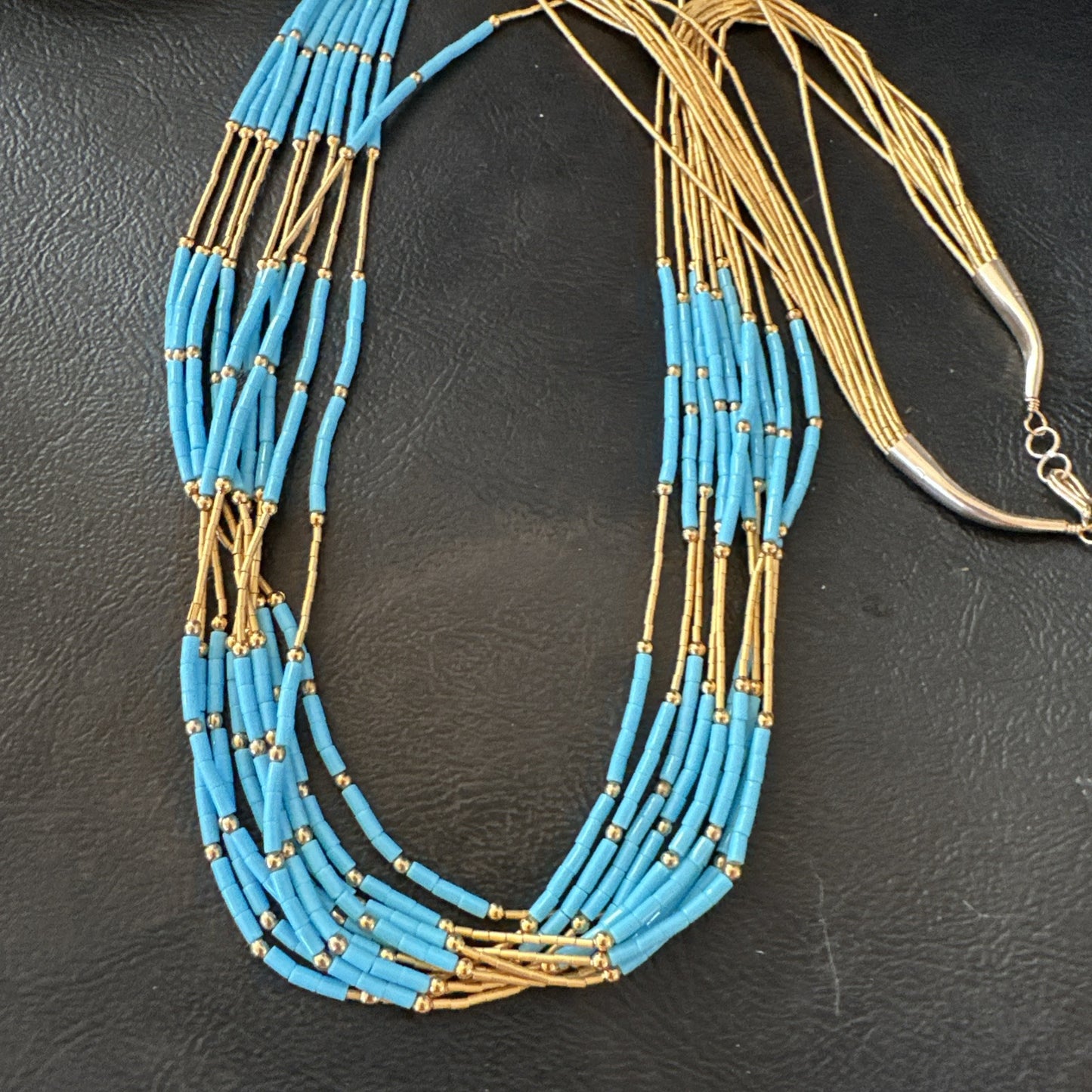 Gold Filled Blue Turquoise Heishi 10S Liquid Sterling Silver Necklace 24” 18909