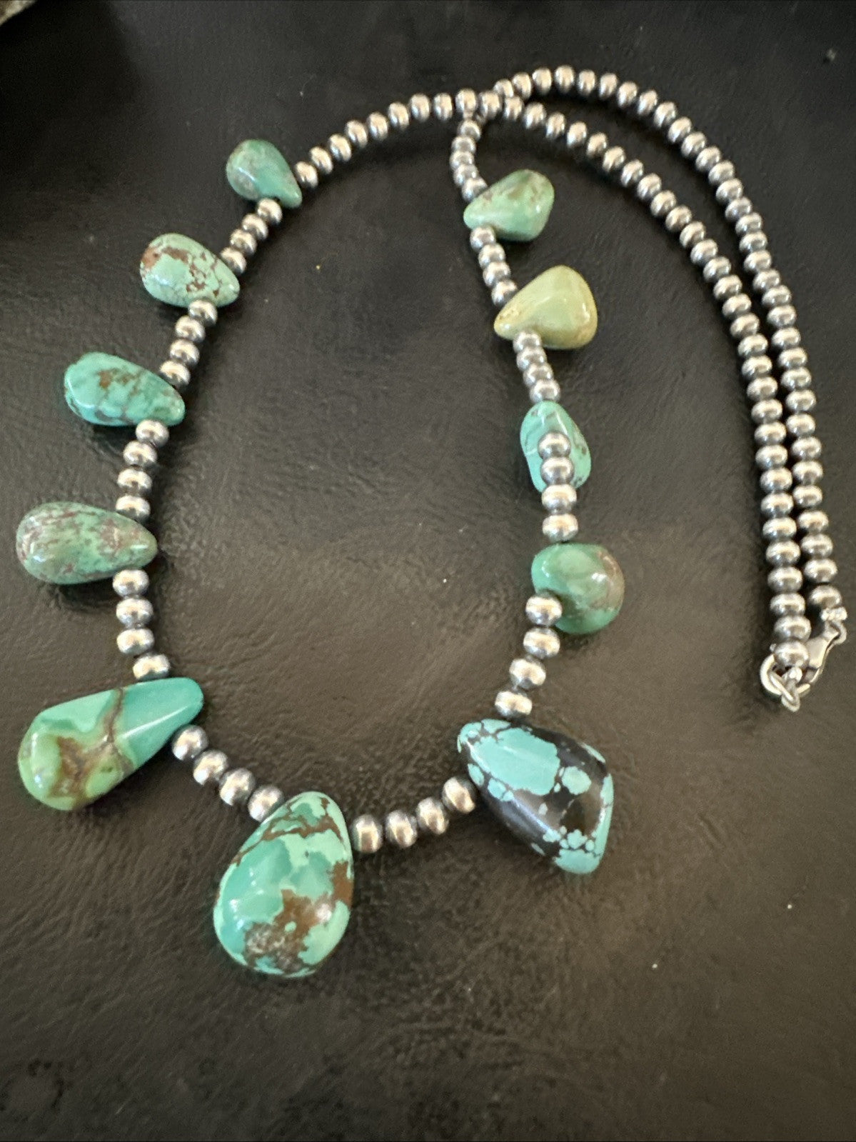 Green Turquoise Teardrop Sterling Silver Beads Necklace 20" 18985