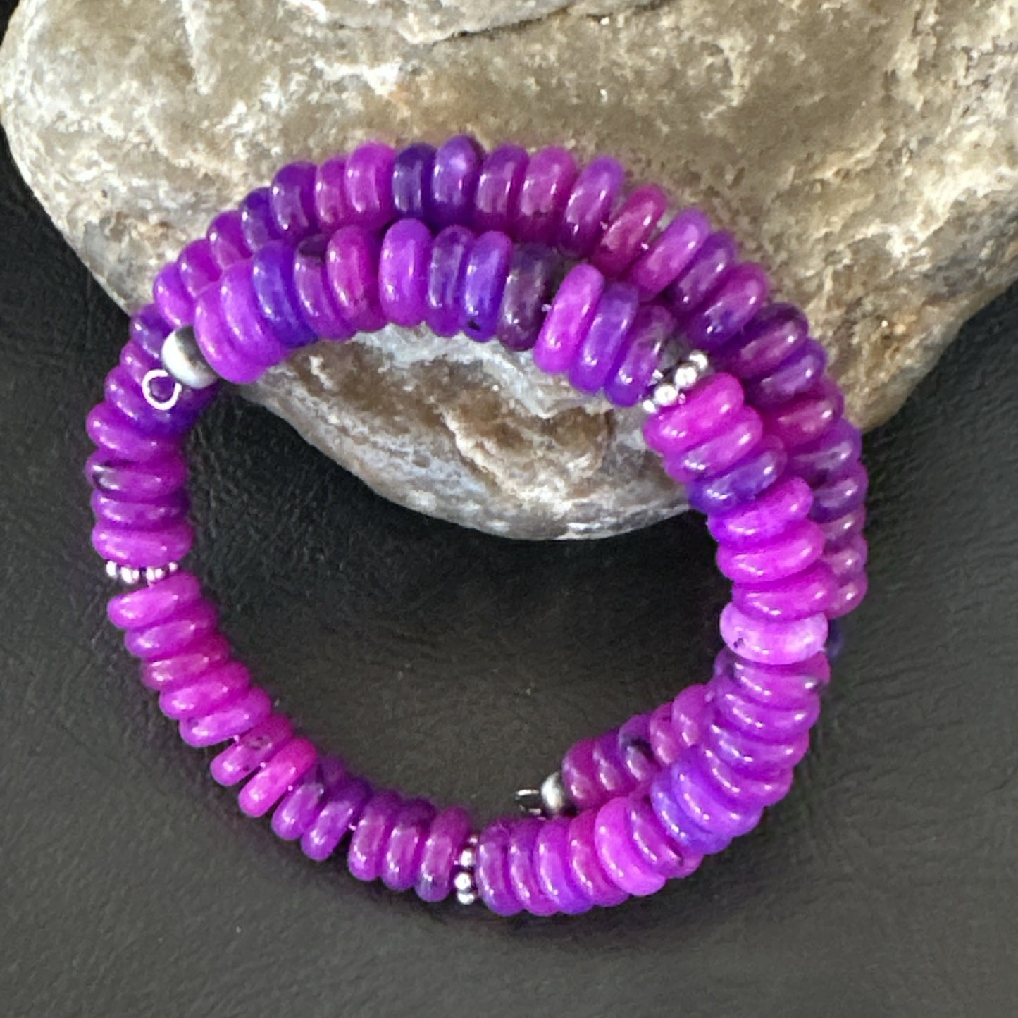 Purple Stone Turquoise 8mm Wire Bead Bracelet Navajo Sterling Silver 18898