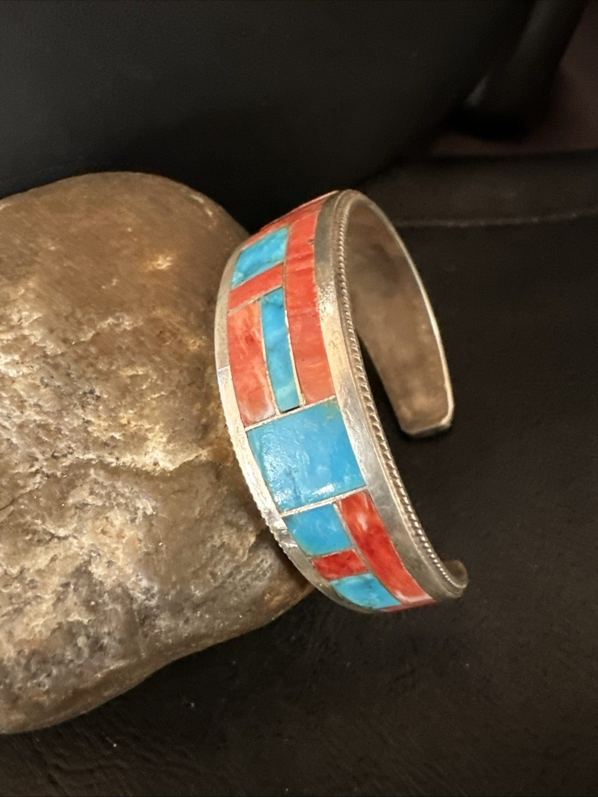 Blue Turquoise Spiny Oyster Zuni Sterling Silver Cuff Inlay Bracelet 7" 18994