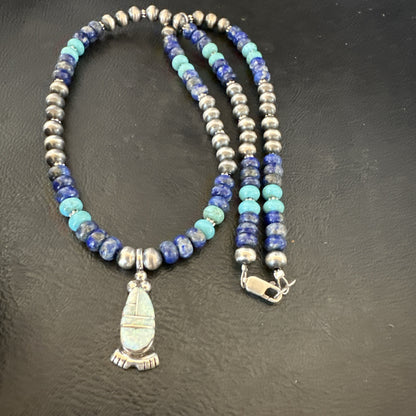 WoMens Opal Inlay Pendant Navajo Sterling Silver Blue Lapis Bead Necklace 18912