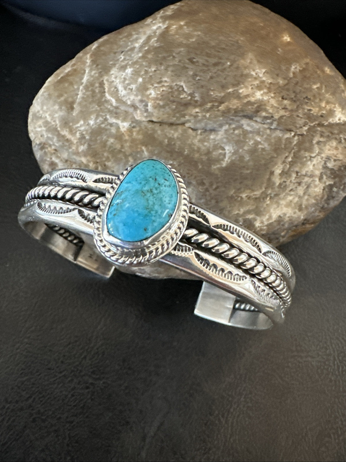 Stamped Blue Kingman Turquoise Sterling SIlver Cuff Bracelet 7.25” 18984