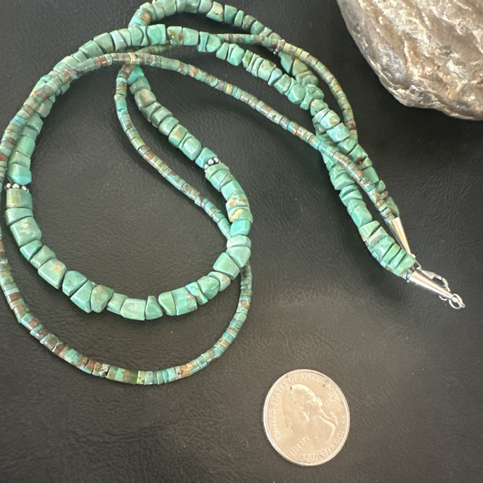Sterling Silver Beads Heishi Green Turquoise 2 Strands Bead Necklace 18890