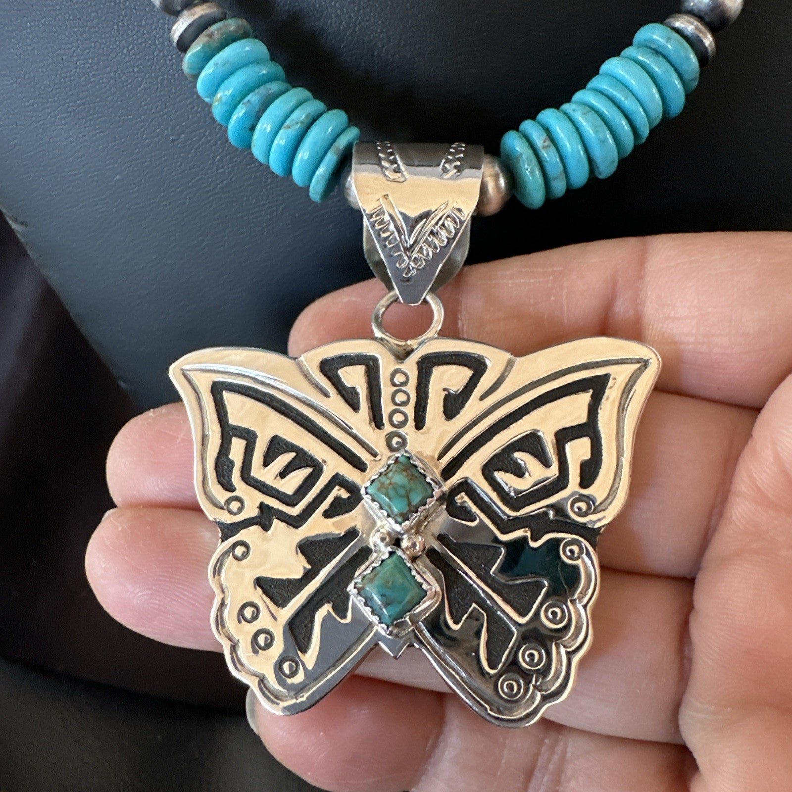 Butterfly Blue Turquoise Pendant Navajo Sterling Silver Necklace 26" 18905