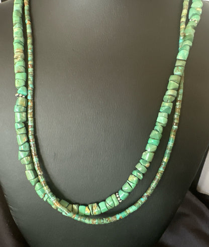 Sterling Silver Beads Heishi Green Turquoise 2 Strands Bead Necklace 18890