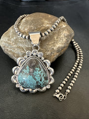 Yazzie Navajo Blue Spiderweb Turquoise Necklace Pendant | Sterling Silver | Authentic Native American Handmade | 18966