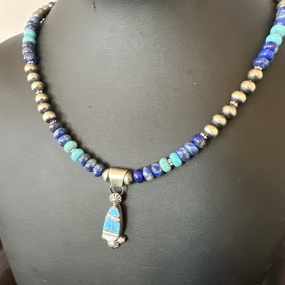 WoMens Opal Inlay Pendant Navajo Sterling Silver Blue Lapis Bead Necklace 18919