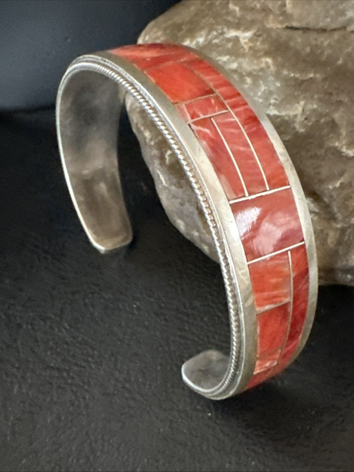 Orange Spiny Oyster Zuni Sterling Silver Cuff Inlay Bracelet 18993