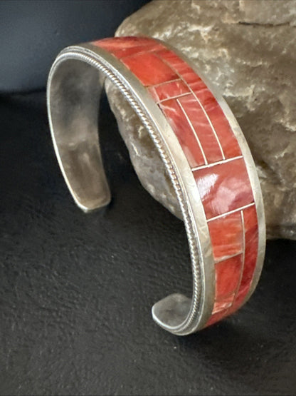 Orange Spiny Oyster Zuni Sterling Silver Cuff Inlay Bracelet 18993