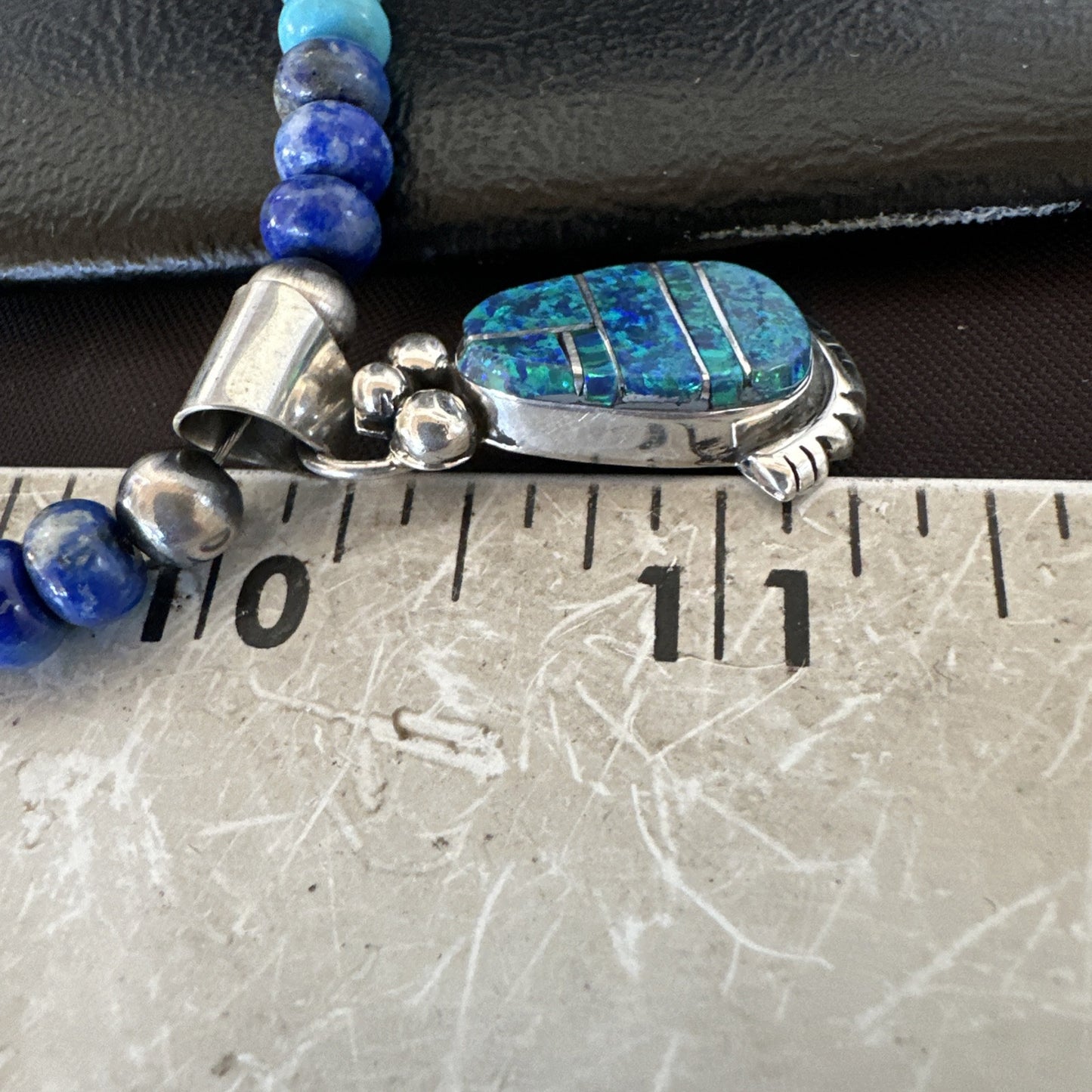 WoMens Opal Inlay Pendant Navajo Sterling Silver Blue Lapis Bead Necklace 18918