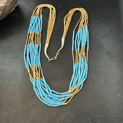 Gold Filled Blue Turquoise Heishi 10S Liquid Sterling Silver Necklace 24” 18909