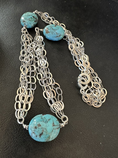 Sterling Silver Beads 5 Strand Chain Blue Nugget Turquoise Necklace 21" 18911