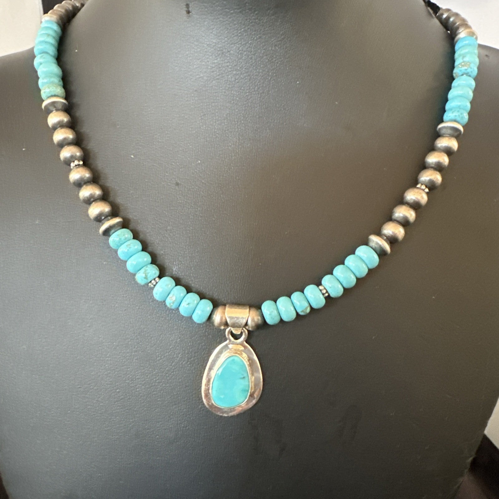 WoMens Blue Kingman Turquoise Pendant Navajo Sterling Silver Necklace 21" 18939