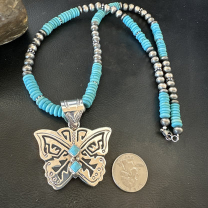 Butterfly Blue Turquoise Pendant Navajo Sterling Silver Necklace 24" 18904