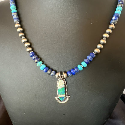 WoMens Opal Inlay Pendant Navajo Sterling Silver Blue Lapis Bead Necklace 18914