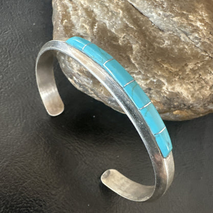 Old Pawn Blue Turquoise Navajo Sterling Silver Cuff Inlay Bracelet 18891
