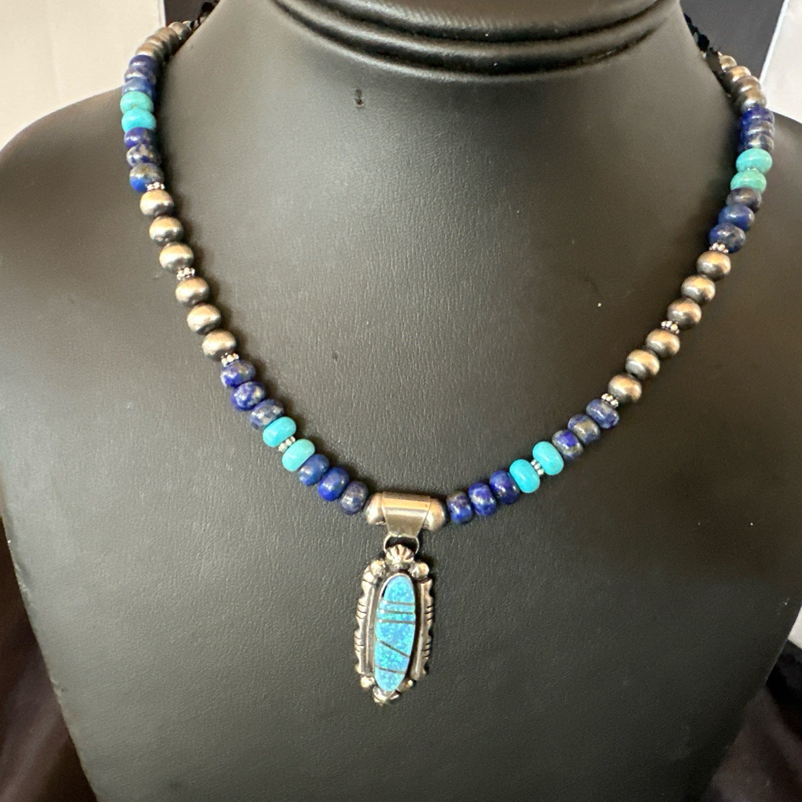 WoMens Opal Inlay Pendant Navajo Sterling Silver Blue Lapis Bead Necklace 18913
