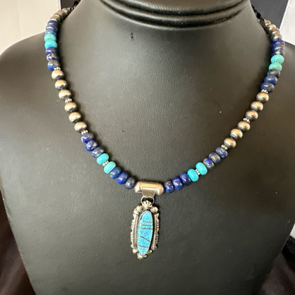 WoMens Opal Inlay Pendant Navajo Sterling Silver Blue Lapis Bead Necklace 18913