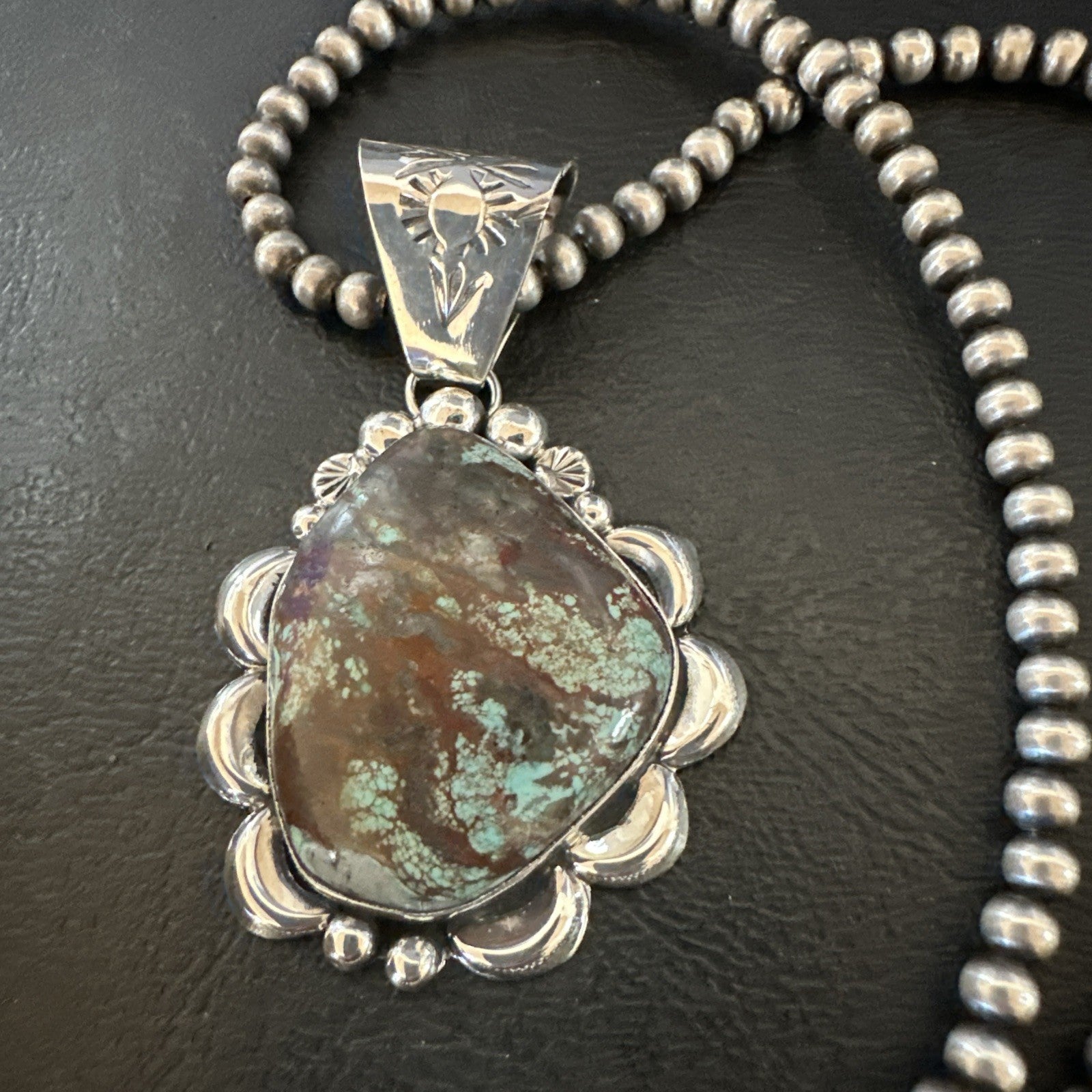 Navajo Sterling Silver Green Rustic Turquoise Necklace Pendant 2.75” 19012