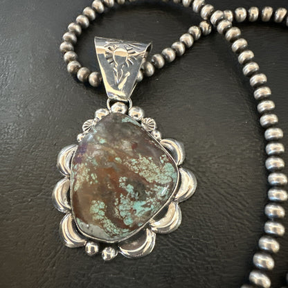 Navajo Sterling Silver Green Rustic Turquoise Necklace Pendant 2.75” 19012