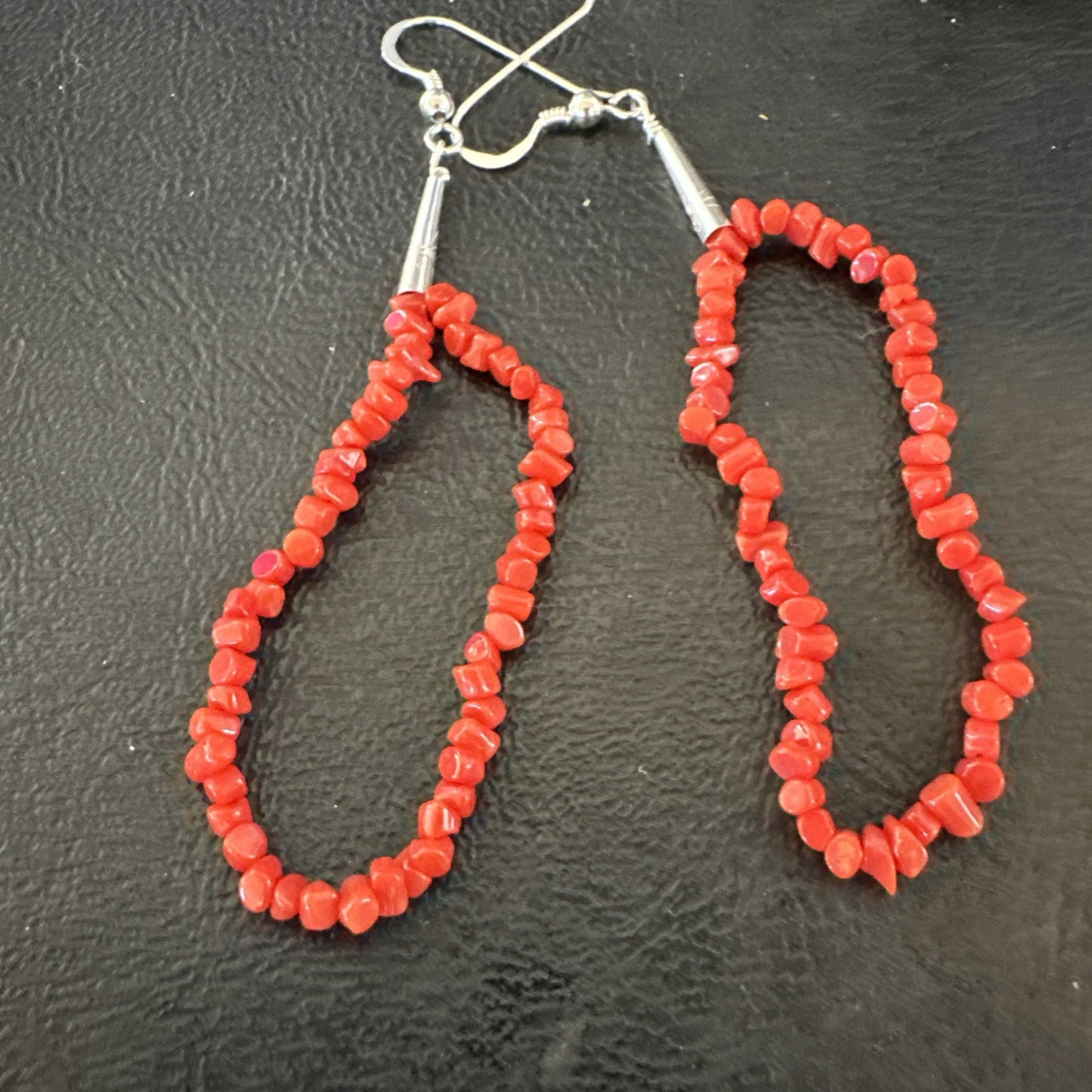 Real Red Orange Coral Nuggets Southwestern Sterling Silver Earrings 2.5” 18956