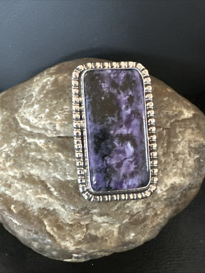 H Joe Purple Charoite Navajo Sterling Silver Rectangle Ring Size 7.5 18964