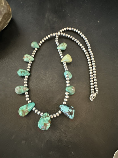Green Turquoise Teardrop Sterling Silver Beads Necklace 20" 18985