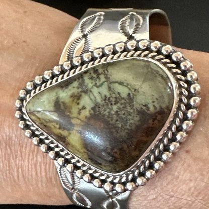 Navajo Green TURQUOISE Stamped Sterling Silver Cuff Bracelet 18876