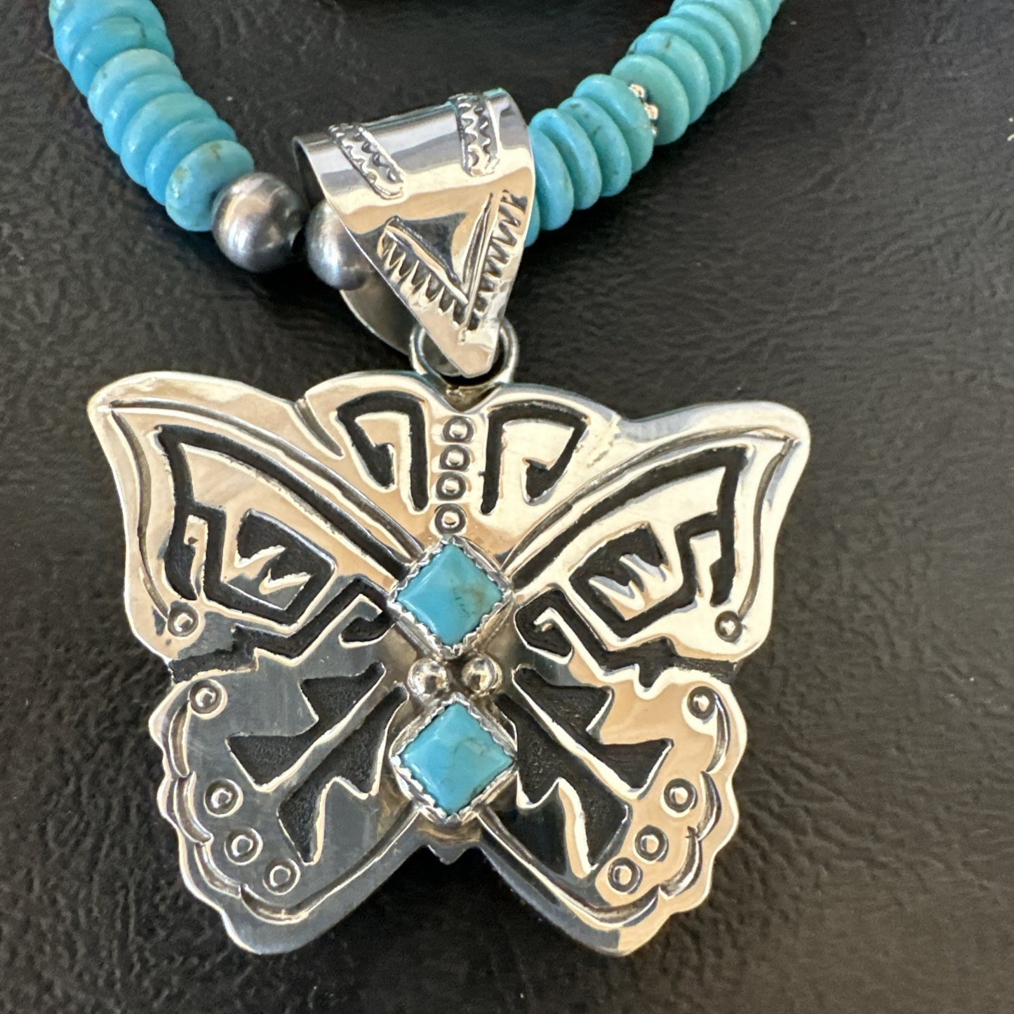 Butterfly Blue Turquoise Pendant Navajo Sterling Silver Necklace 24" 18904