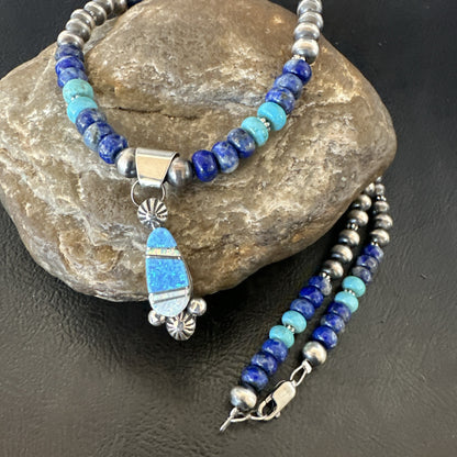 WoMens Opal Inlay Pendant Navajo Sterling Silver Blue Lapis Bead Necklace 18919