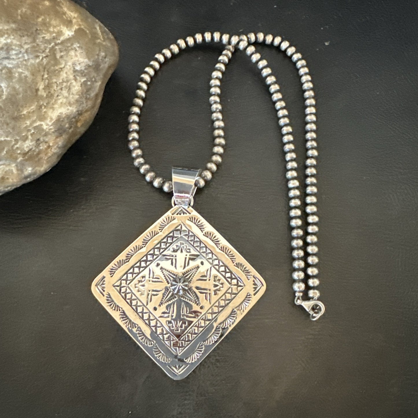 H Joe Handmade Stamped Pendant Navajo Sterling Silver Necklace 3.5" 18981