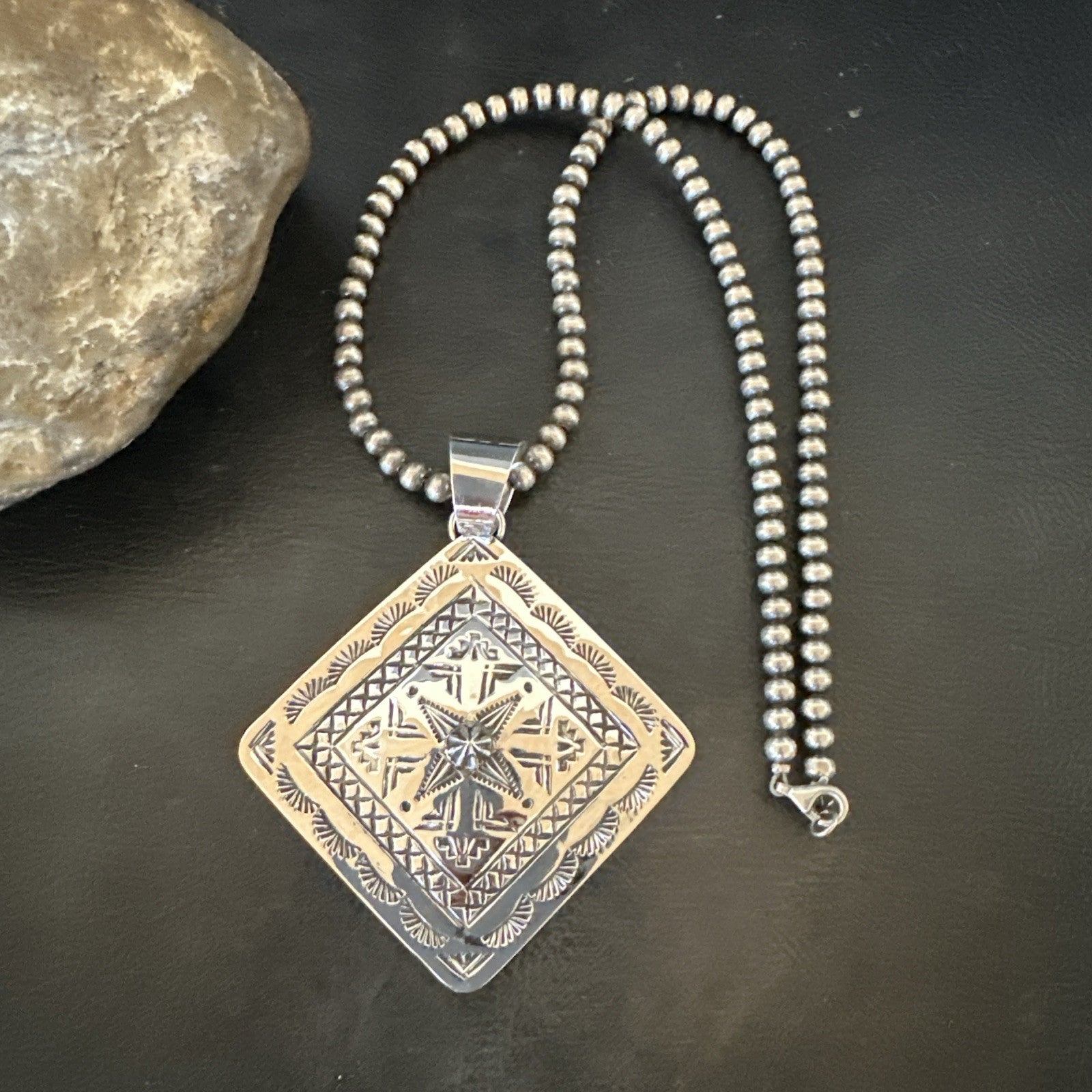 H Joe Handmade Stamped Pendant Navajo Sterling Silver Necklace 3.5" 18981