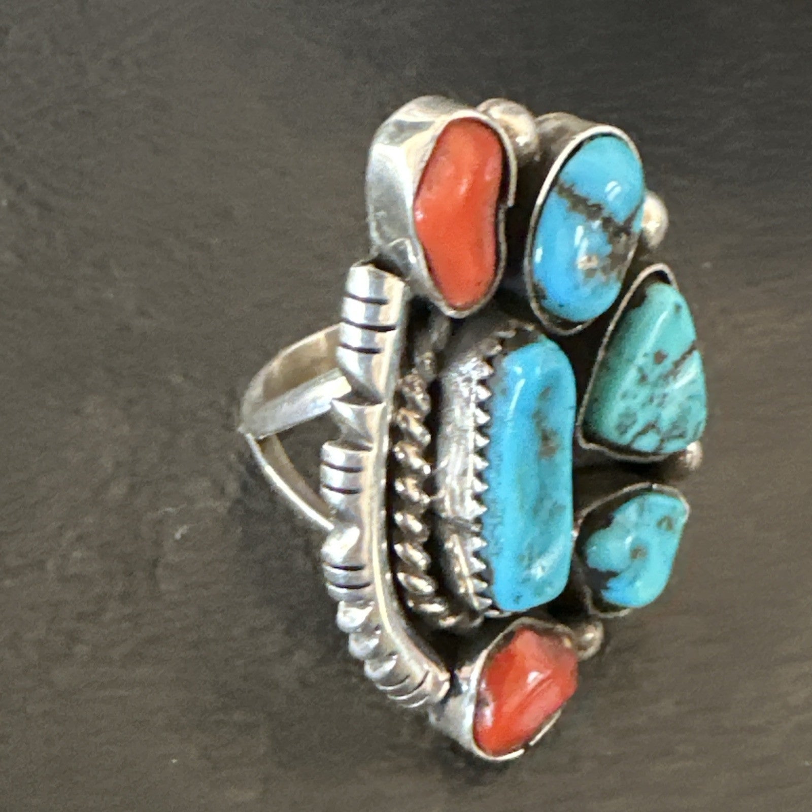Navajo Cluster Blue Kingman Turquoise Coral Sterling Silver Ring Sz 7 18881