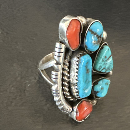 Navajo Cluster Blue Kingman Turquoise Coral Sterling Silver Ring Sz 7 18881