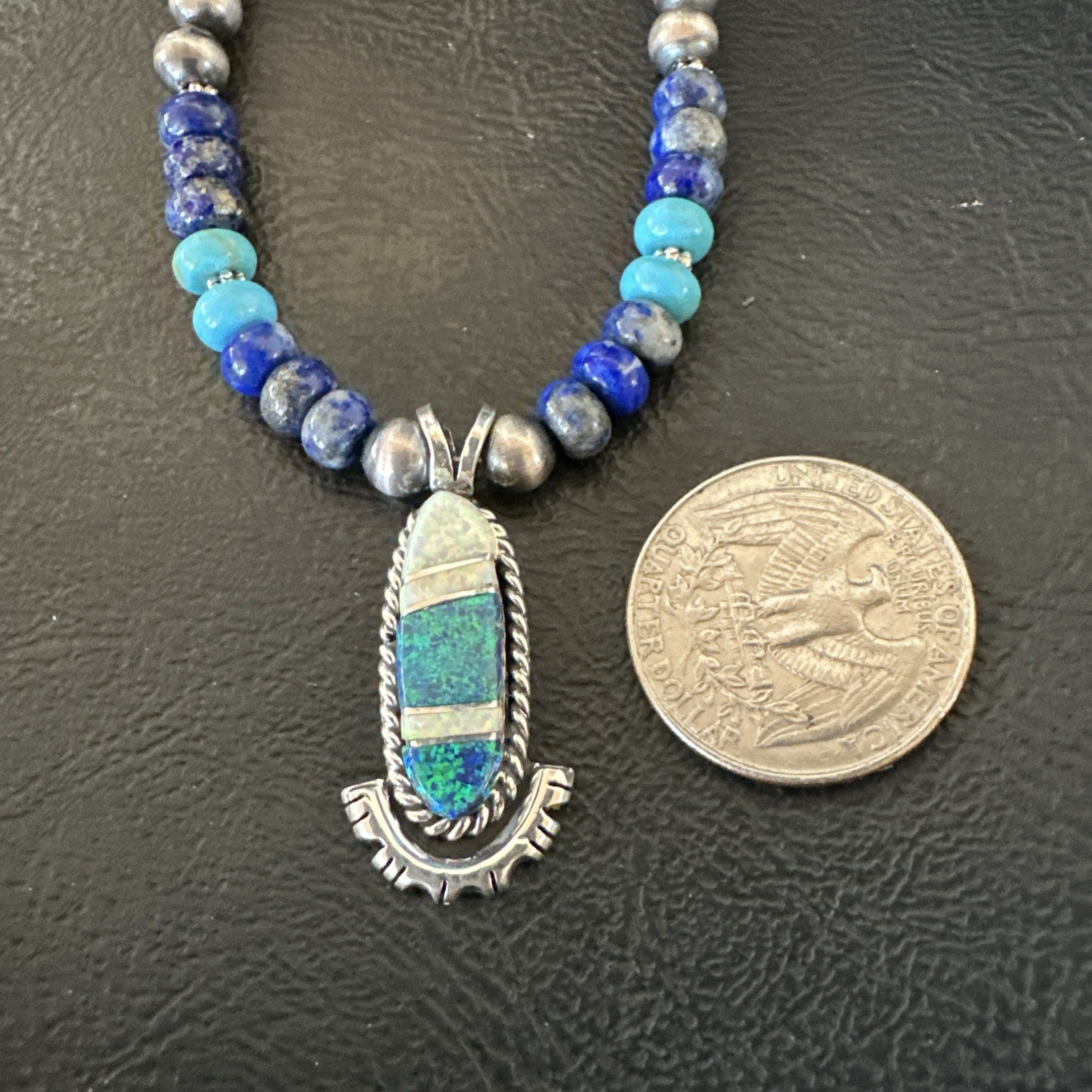 WoMens Opal Inlay Pendant Navajo Sterling Silver Blue Lapis Bead Necklace 18914