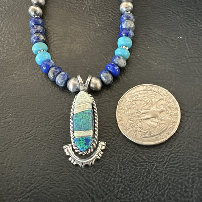 WoMens Opal Inlay Pendant Navajo Sterling Silver Blue Lapis Bead Necklace 18914