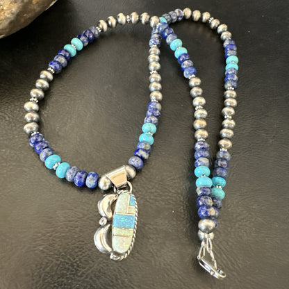 WoMens Opal Inlay Pendant Navajo Sterling Silver Blue Lapis Bead Necklace 18916