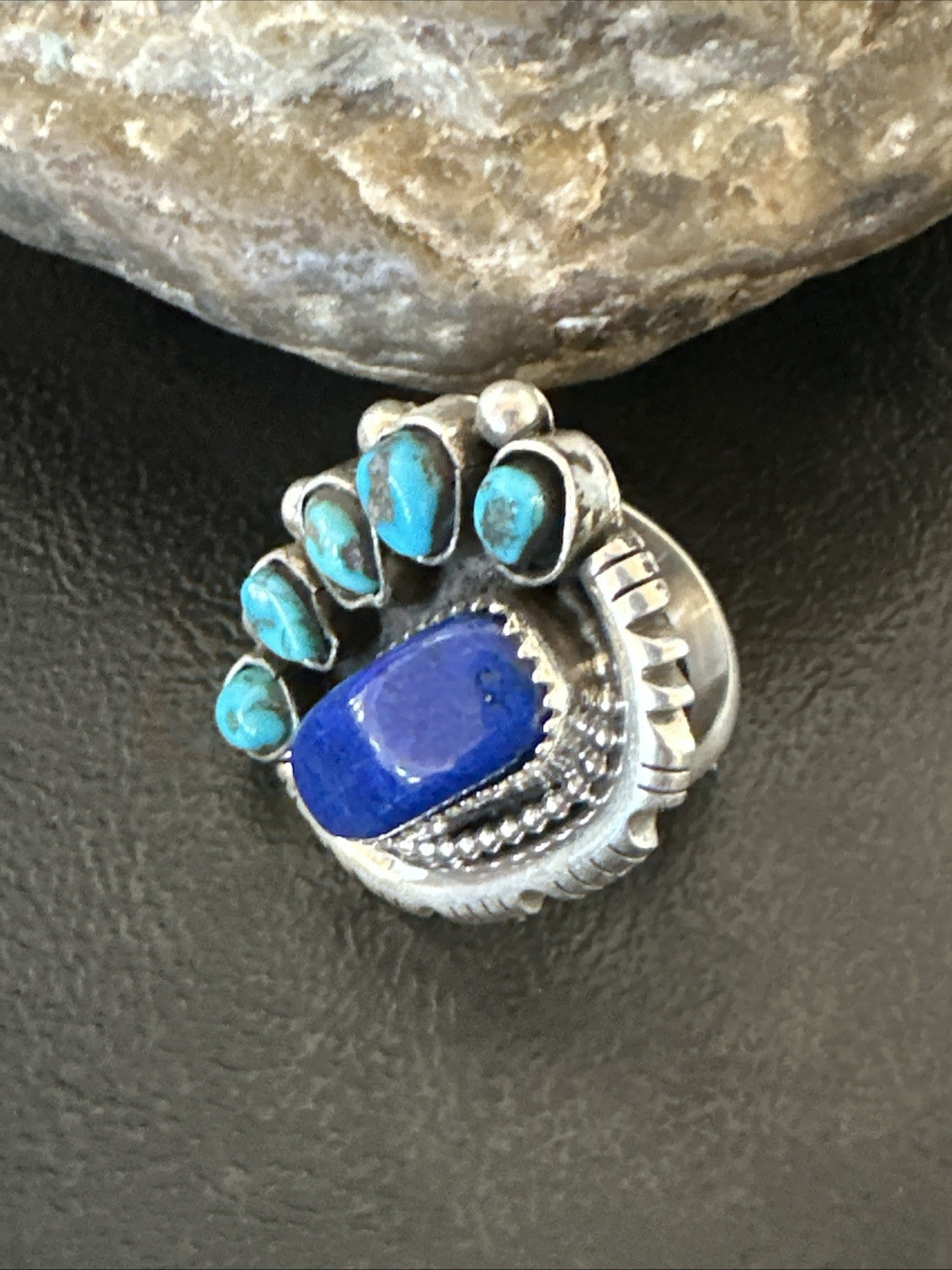 Navajo Cluster Lapis Kingman Turquoise Sterling Silver Ring Sz 9 18885