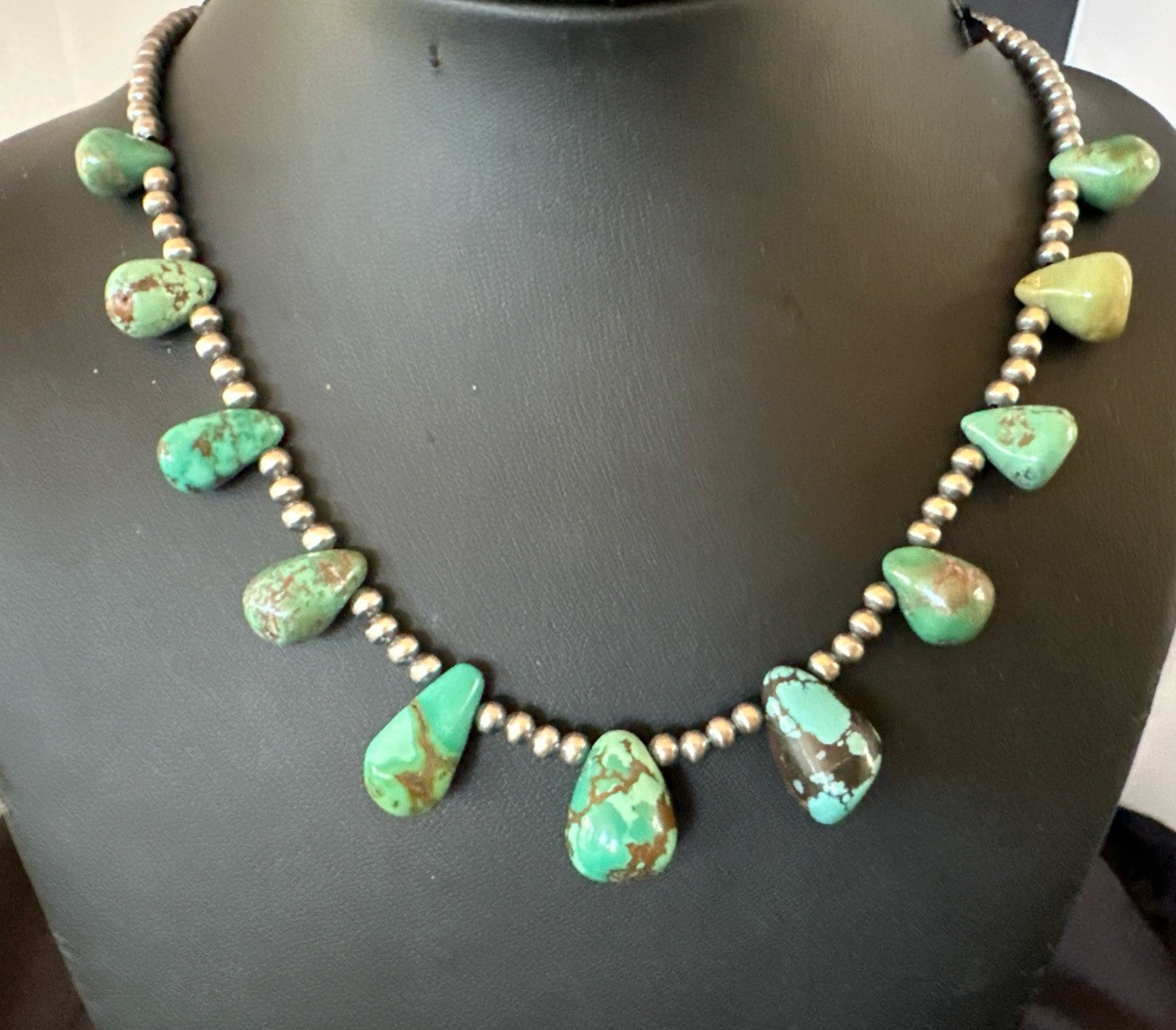 Green Turquoise Teardrop Sterling Silver Beads Necklace 20" 18985