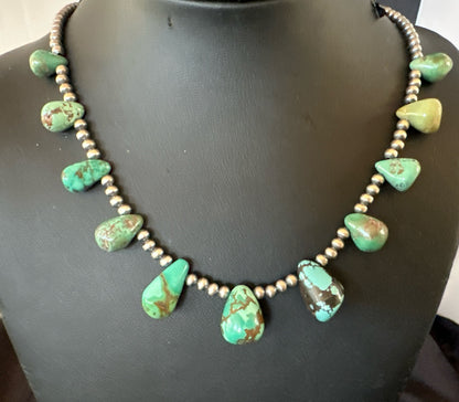 Green Turquoise Teardrop Sterling Silver Beads Necklace 20" 18985