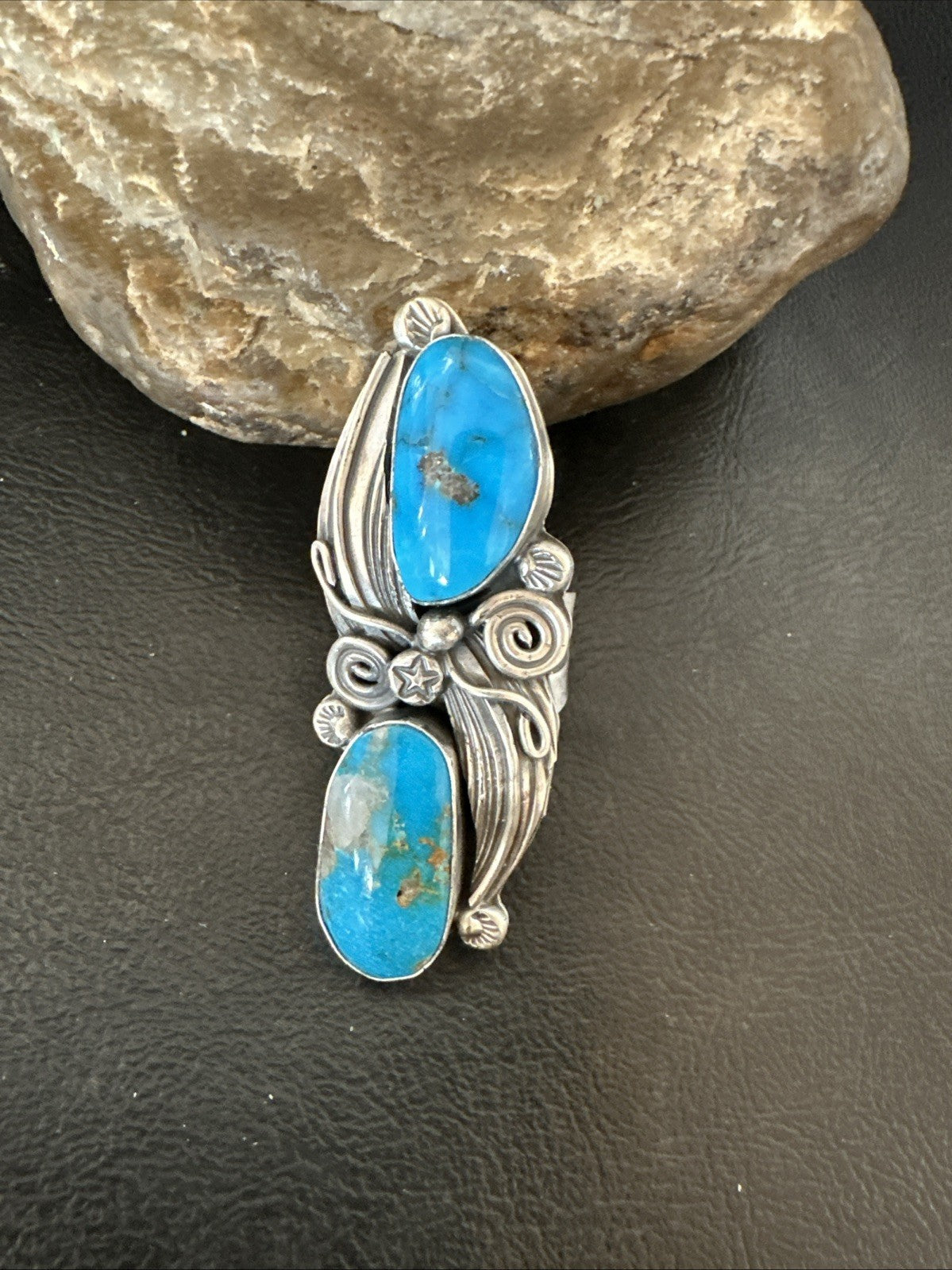 XL Navajo Cluster Blue Kingman Turquoise Sterling Silver Ring Sz 7 18990