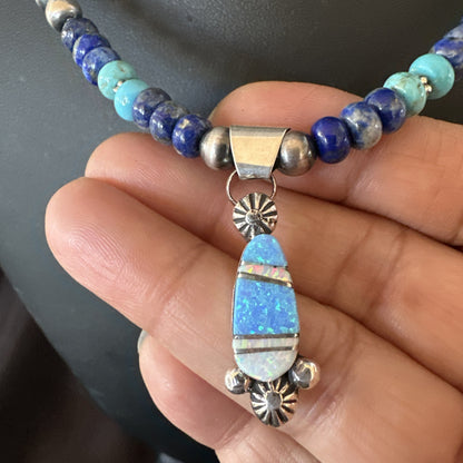 WoMens Opal Inlay Pendant Navajo Sterling Silver Blue Lapis Bead Necklace 18919