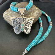 Butterfly Blue Turquoise Pendant Navajo Necklace 26" | Sterling Silver | Authentic Native American Handmade | 18905
