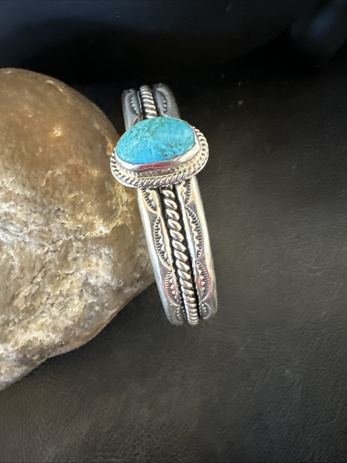 Stamped Blue Kingman Turquoise Sterling SIlver Cuff Bracelet 7.25” 18984