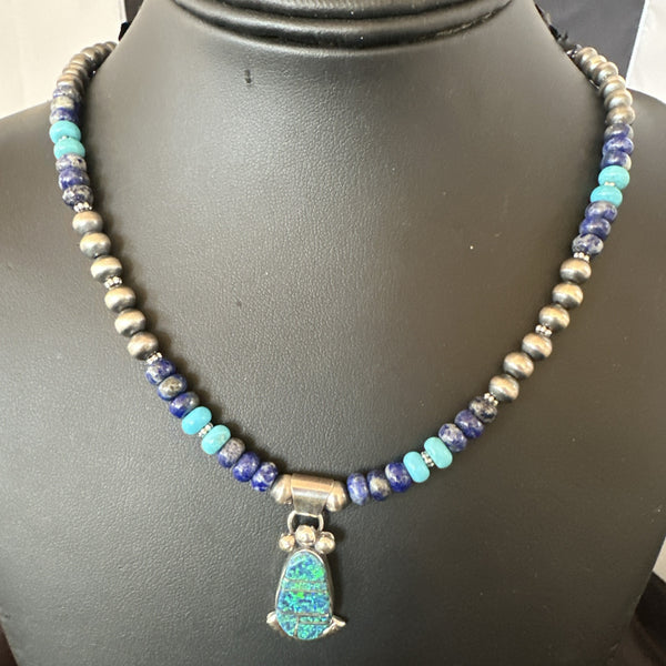 Women's Opal Inlay Pendant Navajo Blue Lapis Bead Necklace | Sterling Silver | Authentic Native American Handmade | 18917